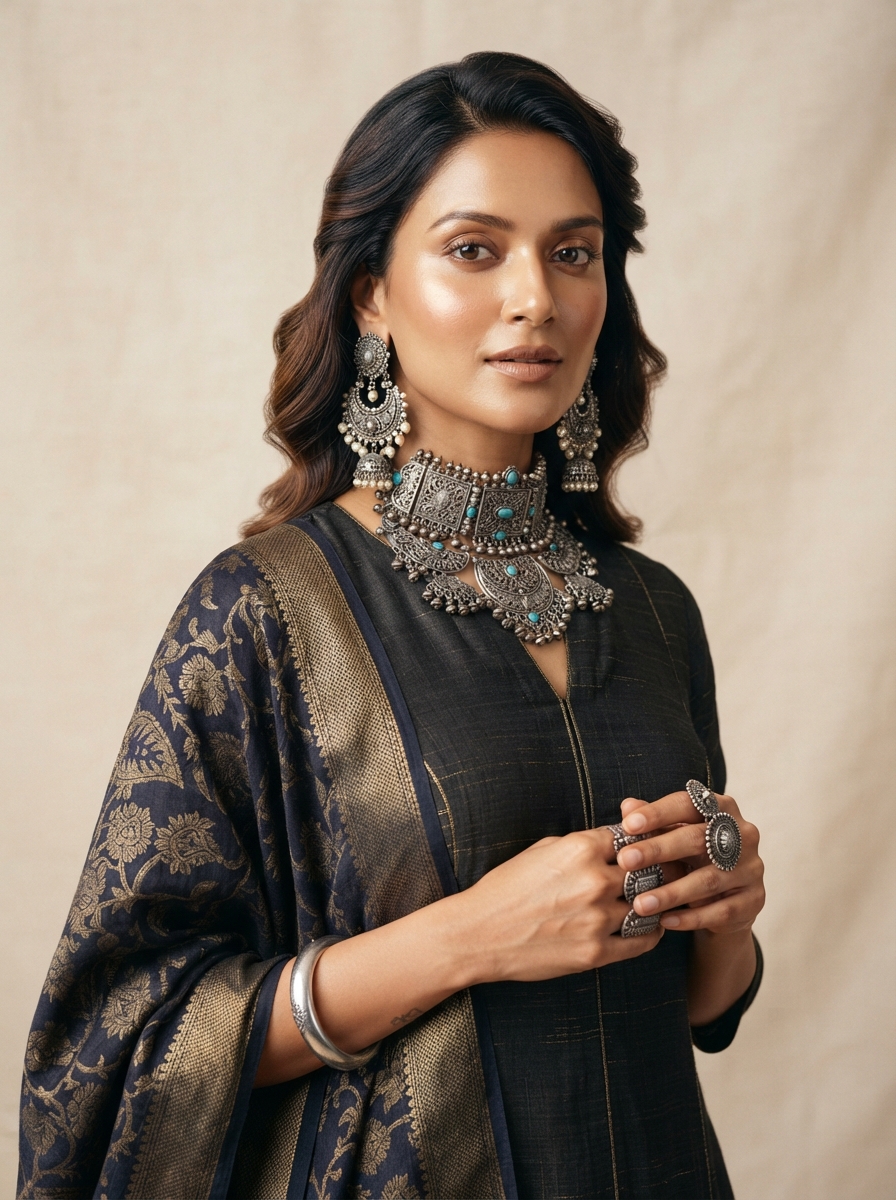 Editorial campaign portrait wearing handcrafted oxidised silver choker and mayur jhumkas